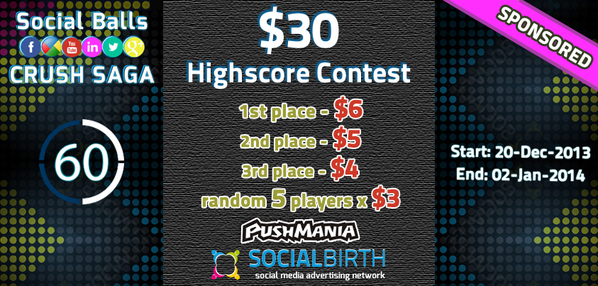 PushMania's tweet image. Play SOCIAL BALLS CRUSH SAGA game and #win #money $30 in #contest from #PushMania: on.fb.me/YFa3vZ