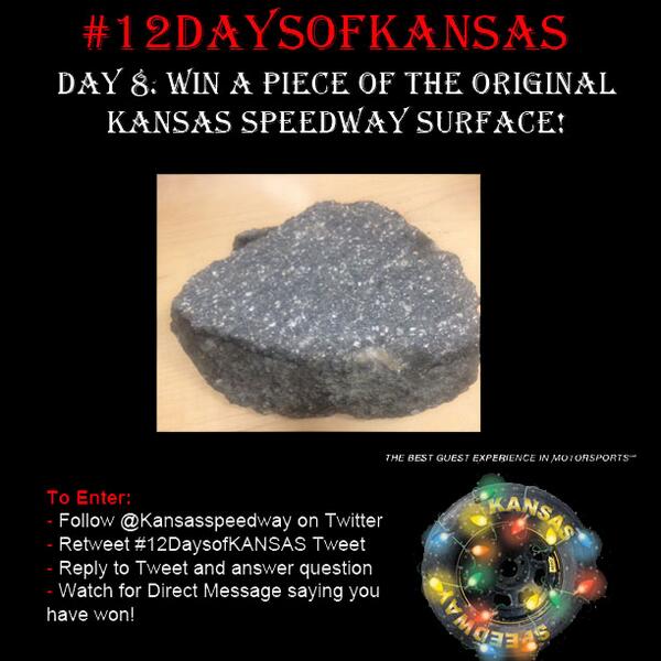 kansasspeedway's tweet photo. #12DaysofKANSAS Day8: Win original piece of @kansasspeedway surface!
Q: Who won the inaugural #NSCS race in #KANSAS? http://t.co/A8xKTofQxH