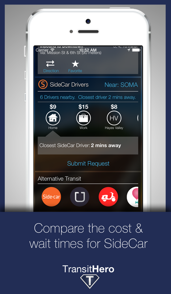 TheTransitHero's tweet photo. We’ve updated TransitHero with new @Sidecar support and new A-to-B navigation! http://t.co/fFSH4IeXrb http://t.co/rJk0yglWjf
