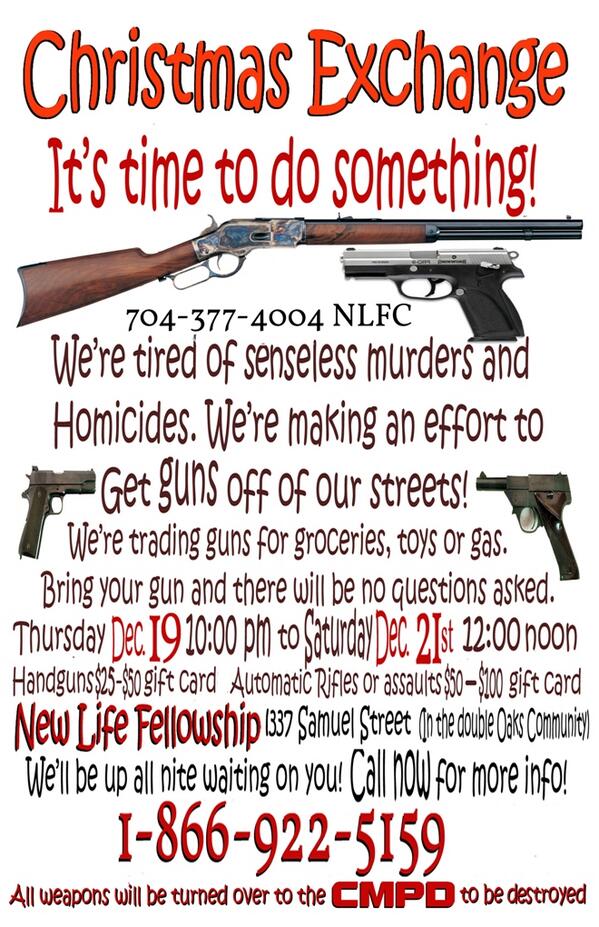 Pastor <a href="/Keetwit/">Pastor John P Kee</a> and <a href="/nlfcCharlotte/">NLFC Charlotte</a> church holding annual Gifts for Guns Exchange. #ChristmasInCLT