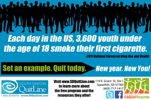 LawCoCoalition's tweet image. Each day in the US, 3,600 youth under 18 smoke their first cigarette. Set an example. Quit today.#SDQuitline
