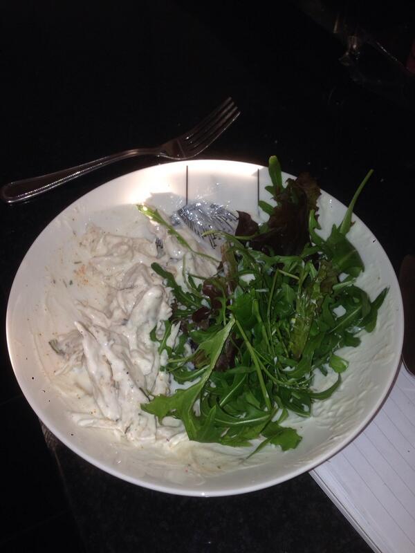 Chicken shredded in a tablespoon of natural yogurt with salt pepper chilli powder an mixed herbs.