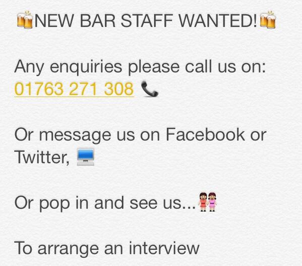 f_dbuntingford's tweet photo. 🍻NEW BAR STAFF WANTED!🍻

Any enquiries please call us on: 01763 271 308 📞 http://t.co/q7OdaQyZhx