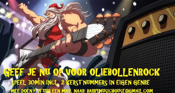 Geef je nu op voor oliebollenrock.
Speel max 30min incl 2 kerstnummers in eigen genre.
Donderdag 19 dec