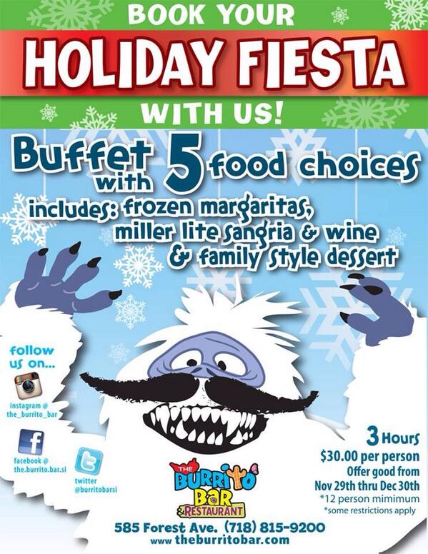 BurritoBarSI's tweet photo. Book your "Holiday Fiesta" with us! http://t.co/LeUOUSuKOH