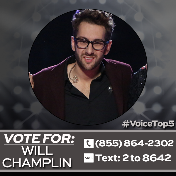 NBCTheVoice's tweet photo. Retweet if you’re voting for @WillChamplin! http://t.co/Ujej3qYjpt #VoiceTop5 http://t.co/9d8E1p5VY5