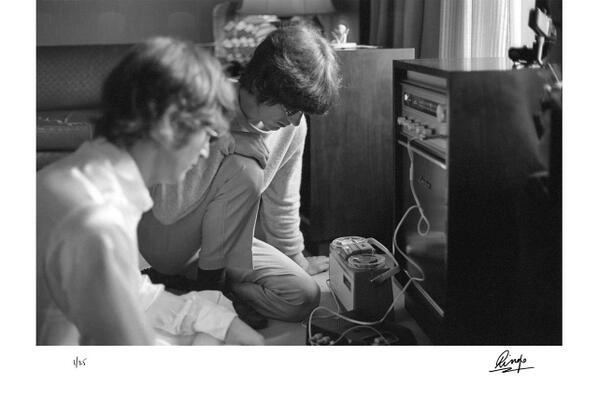 thebeatles's tweet photo. "I love this shot of John and George listening to a tape. Look at the size of the damn thing!" http://t.co/cAacm1ihtt http://t.co/hywVLwpWIm
