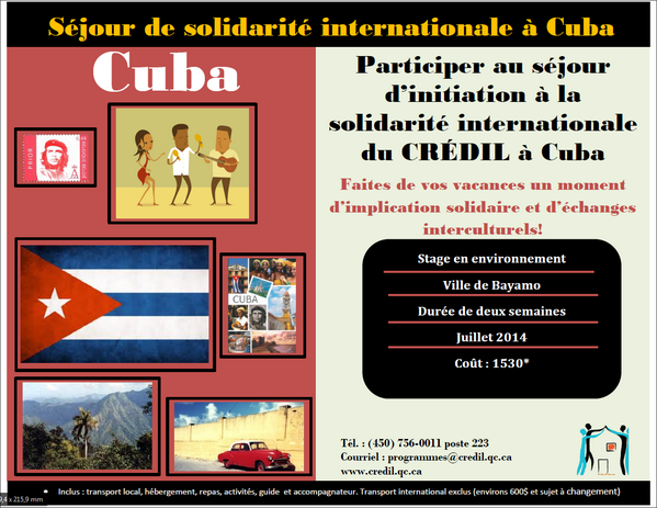 CREDIL_QSF's tweet photo. @CREDIL_QSF Stage pour adulte et retraités à Cuba pour juillet 2014! Places encore disponibles! http://t.co/EwYH3Yh54o