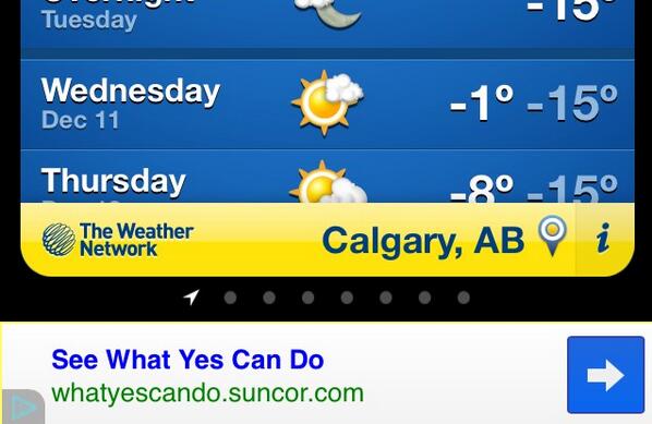 mcprudente's tweet photo. @suncorenergy ad on the weather network app. Great work! Have you seen our new tv ads? #seewhatyescando http://t.co/CVpFTP255B