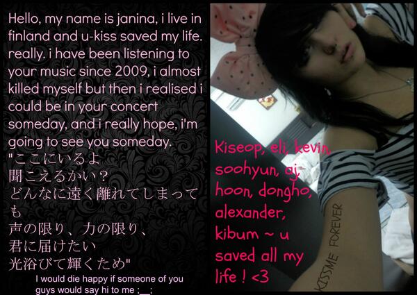 Xandrette's tweet photo. @u_kisseli  HELLO Eli, I've harsh depression ,I've been cutting myself, but u-kiss saved me<3can u say hello for me? http://t.co/SkuWXN3C2s