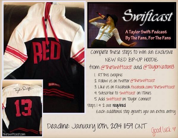 Swiftcast13's tweet image. Want to win the NEW RED ZIP UP HOODIE from @taylornation13? RT this tweet &amp;amp;follow the instructions! #13DaysofTaylor