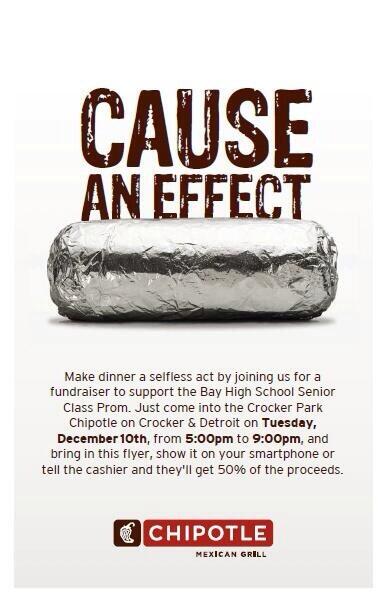 BayHighRockets's tweet photo. GO TO CHIPOTLE TONIGHT FROM 5-9! SHOW A FLYER OR THIS PICTURE AND 50% OF THE PROCEEDS GO TO THE SENIOR CLASS http://t.co/6ergv4UeP2