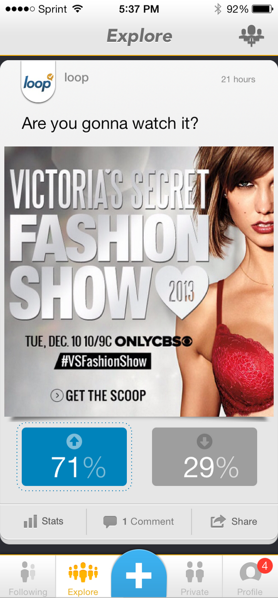 LoopItIn's tweet photo. 71% of #LoopNation will watch the Victoria's Secret Fashion Show tonight. http://t.co/KuN5d1uYZH