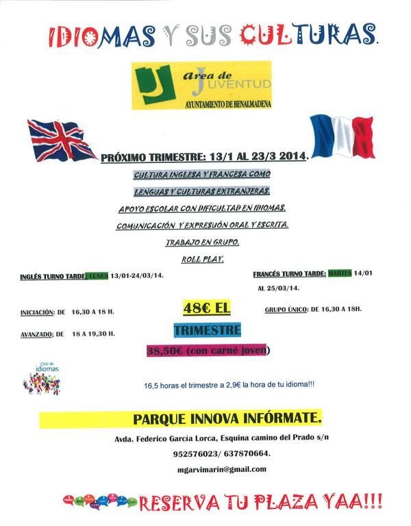 JUVENTUDBENALMA's tweet photo. Avance actividades #parqueinnova 1er trimestre de 2014: LENGUA ANGLOSAJONA Y FRANCÓFONA @ObreroRafa @inmacverdugo http://t.co/vKJuWFprW5