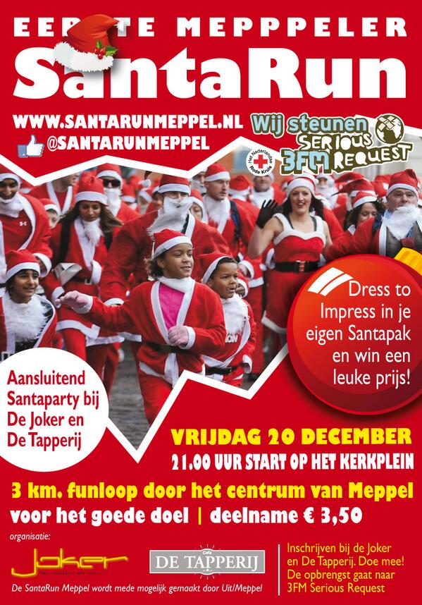 20 Dec. Meppeler Santa Fun Run door de binnenstad, alle deelnemers een leuke attentie! Steun de actie van 3fm