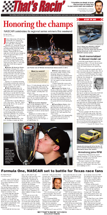 MCTOnePages's tweet image. That&apos;s Racin&apos;: #NASCAR honors its regional series winners this weekend bit.ly/1bbqPpl Preview