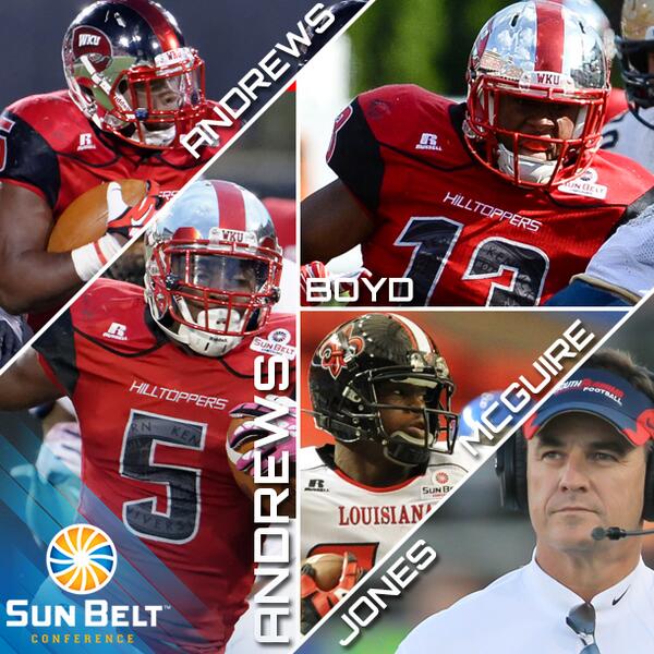 SunBelt's tweet image. BREAKING: 2013 FB Indiv. &amp;amp; All-Conference awards! Congrats to POY &amp;amp; Off POY Antonio Andrews! sunbeltsports.org/SPORTS/MensSpo…