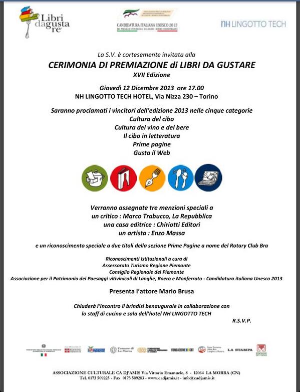 LibridaGustare's tweet photo. Oggi ore 17 all'NH Lingotto Tech hotel, premiazione #LibridaGustare  2013 http://t.co/pusz9R8mnc