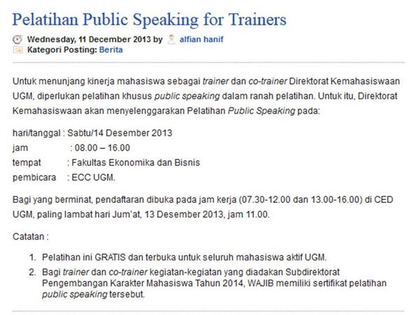 selalu deg-degan klo berbicara di muka umum? 
mau jadi public speaker yg oke punya?
 IKUTI Pelatihan Public SPEAKING.