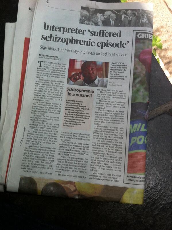 jonsopel's tweet photo. Full article from The Star on signer at #MandelaMemorial having schizophrenic episode, and questionable sidebar head http://t.co/cf8TvKGMDr