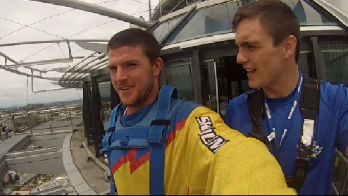 NZWarriors's tweet photo. VIDEO: New @NZWarriors @chadtownsend10 and @samtomkins1 taking on #SkyJump @SKYCITYAkl 
http://t.co/vbeumaYMN2 http://t.co/UoKdJA7kU8