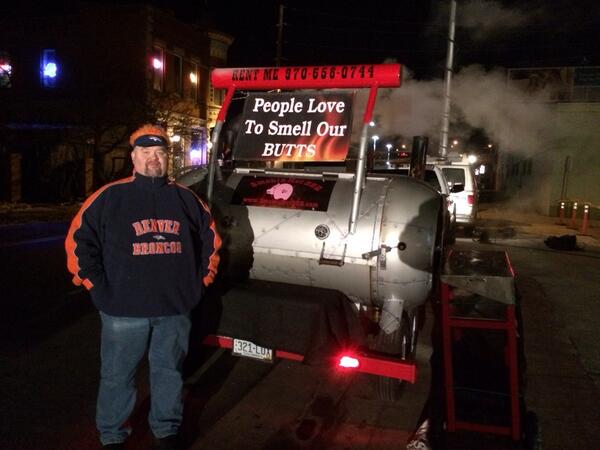 lanelyon's tweet photo. Bronco fan Rob Wynne @smokinhotbbqs has 180lbs of BBQ in the smoker. We'll talk to him live on #cbs4mornings http://t.co/pRSjUEETIT