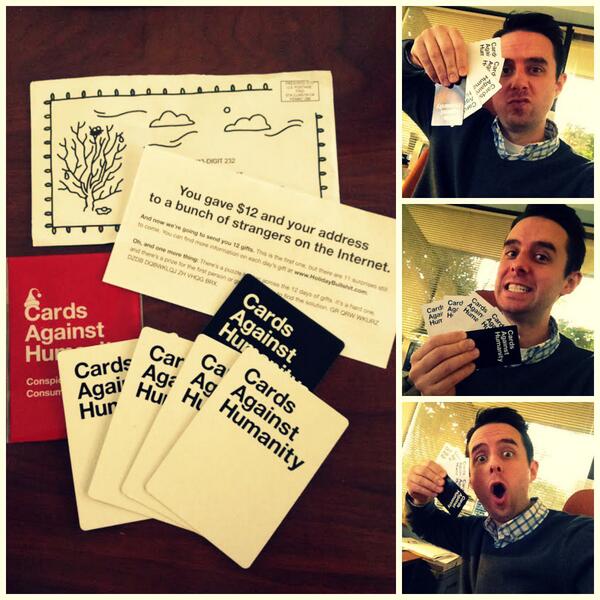 daneomite29's tweet photo. Me => RT @DaneomiteGS: Day 2 of @CAH #holidaybullshit - CAH Cards! Check it - apologies for my face...i was excited. http://t.co/U55pneJKE7