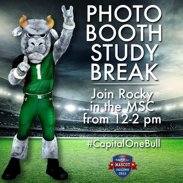 USFAthletics's tweet photo. #CapitalOneBull. Almost time for that study break! Head to @USF_MSC to take a photo with Rocky! http://t.co/r5REPvv1KR