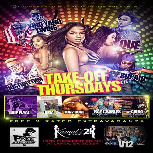 spearheadx's tweet photo. TONITE! #TAKEOFF THURS @KAMALs21 w/ @djbigxatl &amp; @djdonnjuan - Performing @WhoIsQue &amp; @Gripplyaz #FREEDJXRATED PARTY http://t.co/uZjS6QJlLn