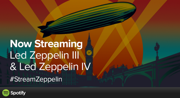 Spotify's tweet photo. Today from @LedZeppelin – LZ III & LZ IV. Yes, Stairway to Heaven is here! http://t.co/XLCptyaeSr #StreamZeppelin http://t.co/xtrOFjpZF8