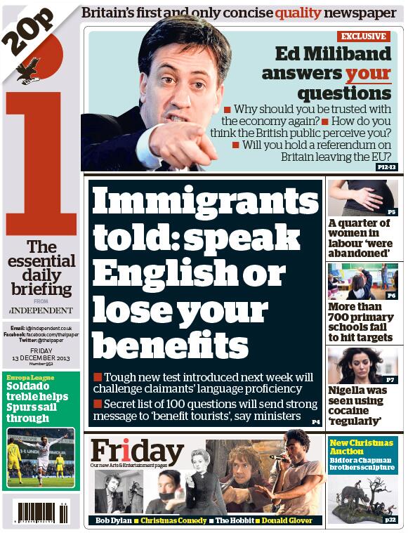 SkyNews's tweet photo. i FRONT PAGE: 'Immigrants Told: Speak English Or Lose Your Benefits' #skypapers http://t.co/UpQN2vjOVU