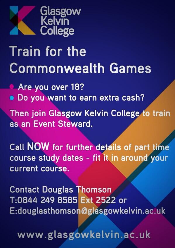 GKCBusDev's tweet image. Want to train as an event steward? Work at Glasgow 2014? Contact Douglas on douglasthomson@glasgowkelvin.ac.uk