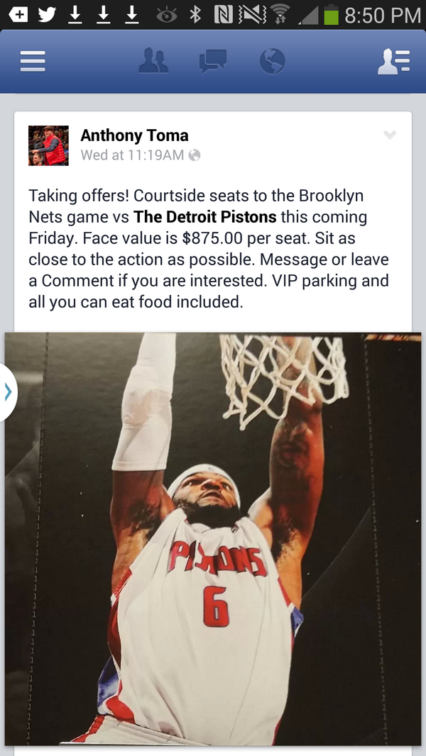 AnthonyToma's tweet photo. Sit Courtside this Friday at the pistons vs nets http://t.co/ux4dbQDZtg
