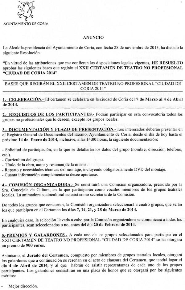 BASES DEL XXII CERTAMEN DE TEATRO NO PROFESIONAL DE CORIA.