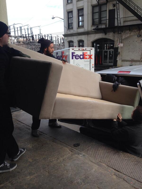 <a href="/makermatthew/">Matthew Burnett</a> <a href="/makeradam/">Adam Matthews</a> <a href="/makerrafael/">Rafael Gonzaque</a> and <a href="/makerscott/">Maker Scott</a> carrying the new <a href="/makersrow/">Maker's Row</a> couch! Thanks @ceonyc!
