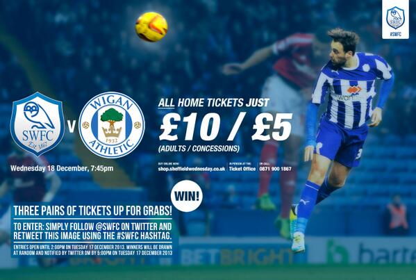 Amazing offer for Owls v Wigan! PLUS:- WIN! Three pairs of tickets up for grabs. RT TO ENTER! Good luck! #swfc