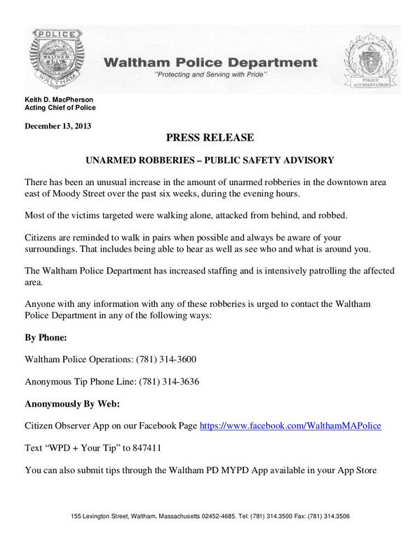 WalthamMAPolice's tweet image. Please see attached advisory regarding several unarmed robberies in Waltham recently