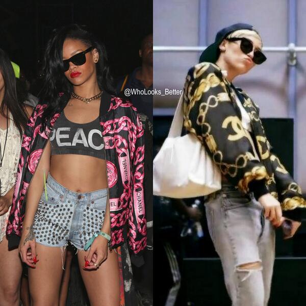 Who Wore Chanel Chain Jacket Better?
Rihanna VS Miley Cyrus 
RT for Rihanna 
FAV for Miley