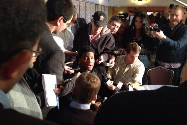 IraSchoffel's tweet image. Couple Jameis-Heisman photos I couldn&apos;t get to send earlier. #wirelessproblems ... This is Jameis w/reporters.