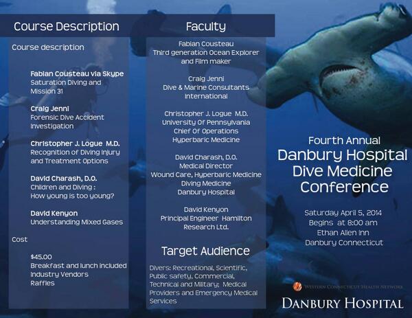 mfolan's tweet image. Fourth Annual Dive Medicine Conference April 5th 2014 Ethan Allen Inn, Danbury, CT.. Great Topics.. Great Speakers..