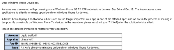 ATTN: WP7 Users! Looks like the problem with Outsider crashing was a Store issue! See attached! #LiveSoon. <a href="/wpcentral/">WPCentral</a>