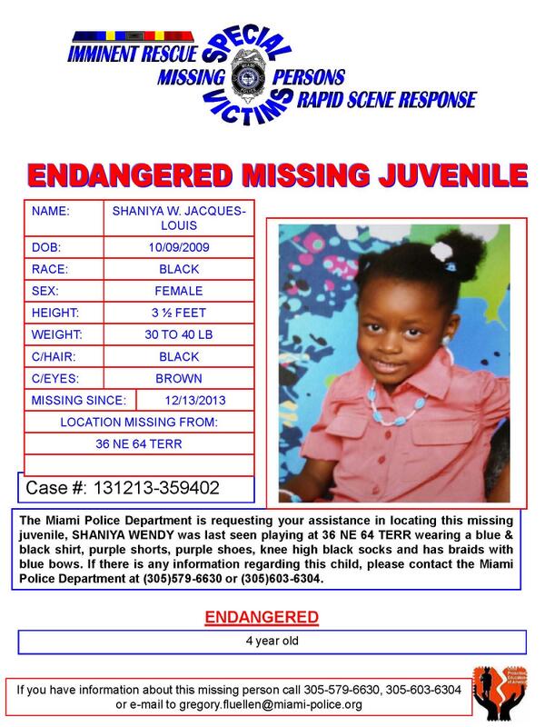 MiamiPD's tweet photo. #Missing #Child - Shaniya W. Jacques Louis from 36 NE 64 Terr since    12-13-2013 http://t.co/cCstXVyekb