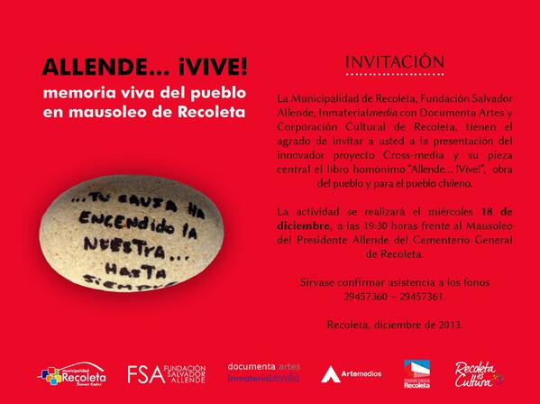 AllendeVoces's tweet photo. Miércoles 18 diciembre 19.30 hrs. Mausoleo Salvador Allende. Presentación libro "ALLENDE... VIVE!" Tod@s invitad@s!!! http://t.co/bZVCcSEmiH