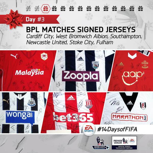 EASPORTSFC's tweet photo. DAY 3: Signed BPL Kits! Follow @EASPORTSFIFA and tweet your favorite club using #14DaysofFIFA. Happy Holidays! http://t.co/9JYieeUcAB