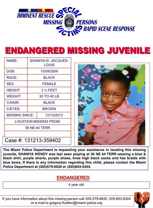 MiamiHerald's tweet photo. Here's a photo of missing 4-year-old girl from Miami's #LittleHaiti. Her name is Shanayra Jacques-Louis. http://t.co/bzuYDr3GV1