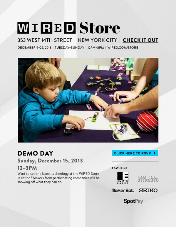 makerbot's tweet image. Stop by the #WIREDStore on Sunday Dec 15th 12-3pm for a demo of the #MakerBotRep2. 353 West 14th St. NYC