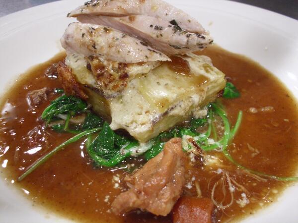 foursquareNC's tweet photo. Tonight:  butter poached rabbit loin, briased rabbit leg, white alba truffle gratin, sauteed spinach $30 http://t.co/XDk7m60Gsm