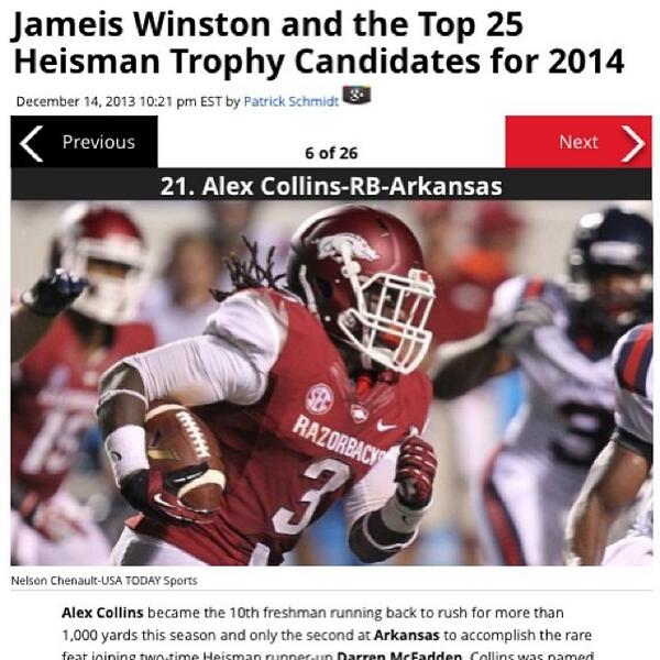 SeanErickMorris's tweet photo. Razorback Alex Collins (@Budda03) on 2014 Heisman watch list. http://t.co/vI0I8REVcg