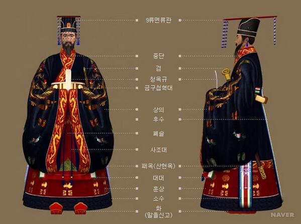 고려 중기 왕의 제복인 9류면 9장복이란다. 황제의 12류 면류관복과 차이가 있지?