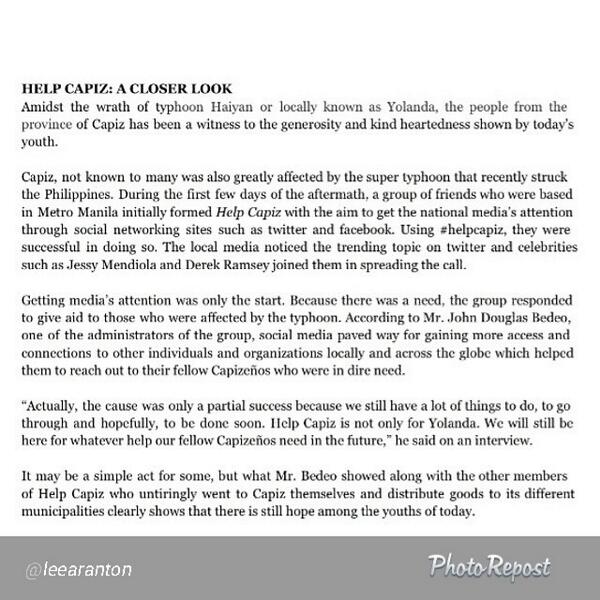 heydouggg's tweet image. Lee Aranton write-up about #HelpCapiz. Yo man thanks for this! @leearanton